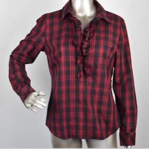 Ruffle V Neck Nylon Pullover Checked Top